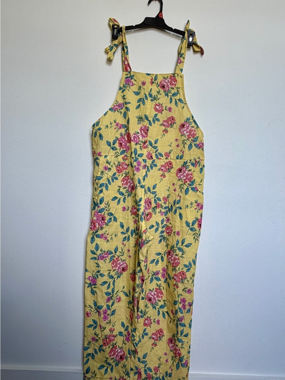 MABLE Yellow Floral Linen Jumpsuit with Pink Roses and Green Leaves